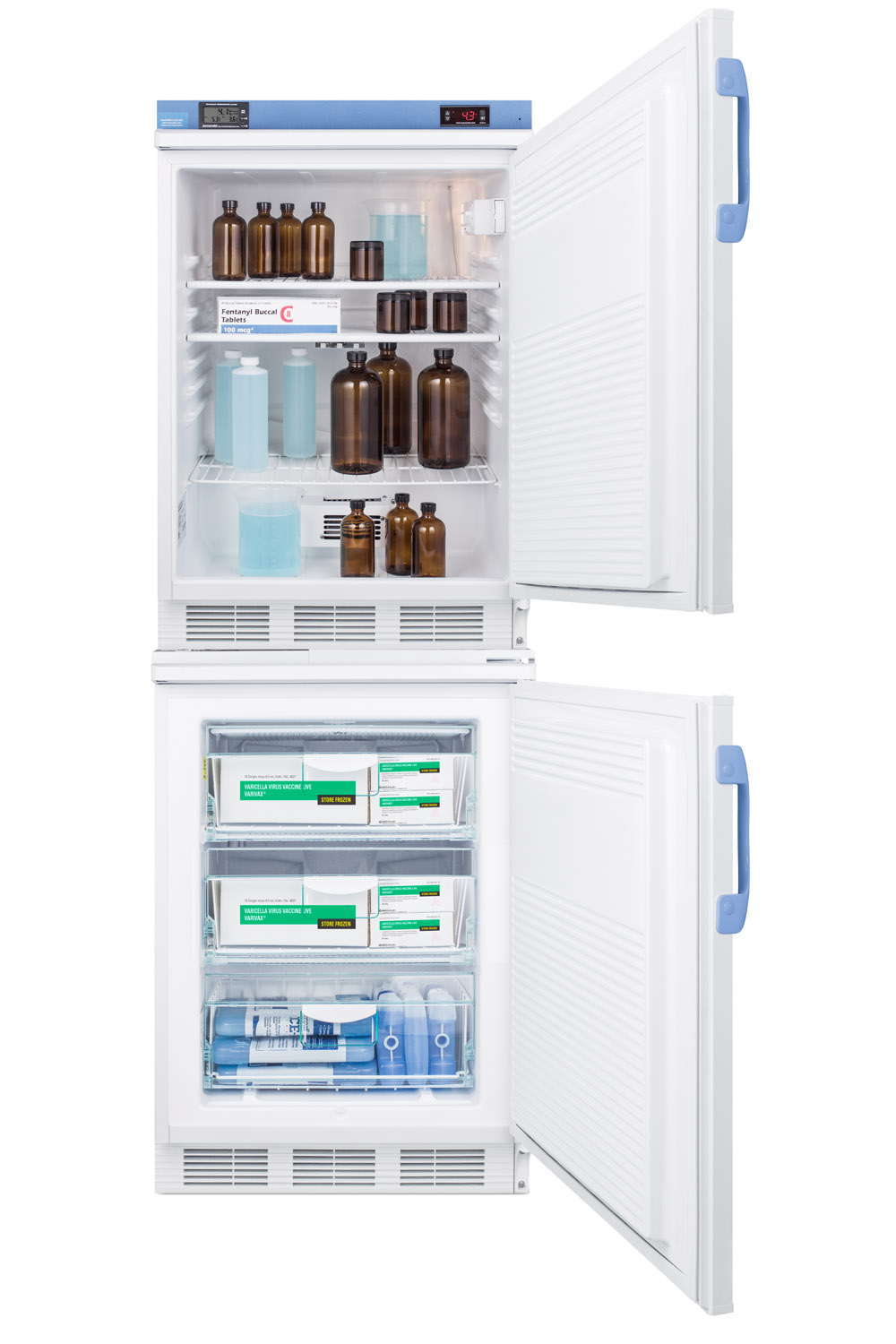 Stacked combination of FF7LWBIMED2 auto defrost all-refrigerator and VT65MLBIMED2 manual defrost -25 C all-freezer, both with locks, digital controls, and NIST calibrated alarm/thermometers
